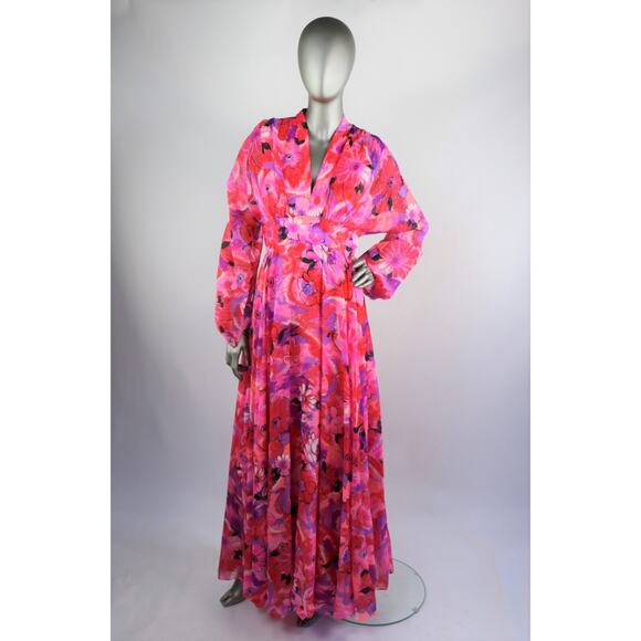 Vintage 1970s Red Pink Purple Chiffon Floral with Keyhole Cutout Small - Picture 5 of 10